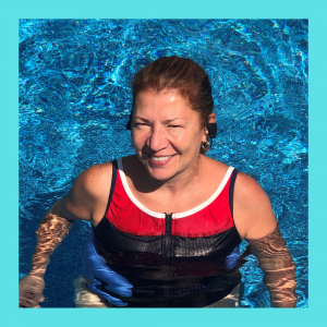 Woman in a red and blue bathing suit in a swimming pool